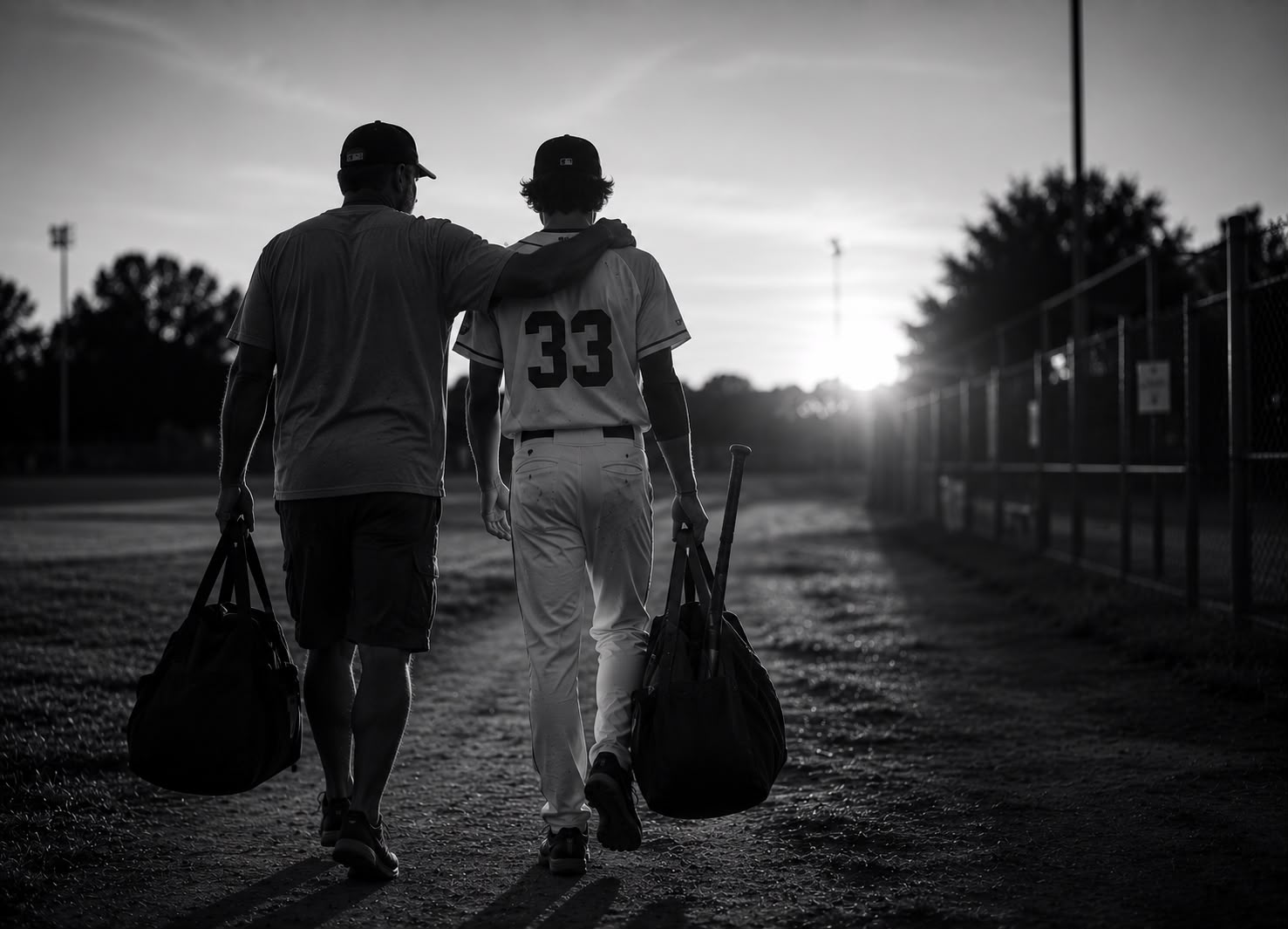 Father and son walking off the field together